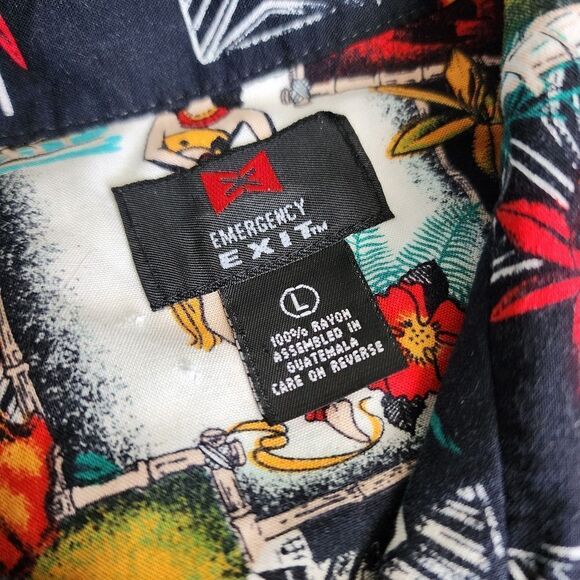 Aloha Shirt Mens Large Multicolor Tiki Hula Girl Ukuleles Short Sleeve Button Up - Picture 8 of 8